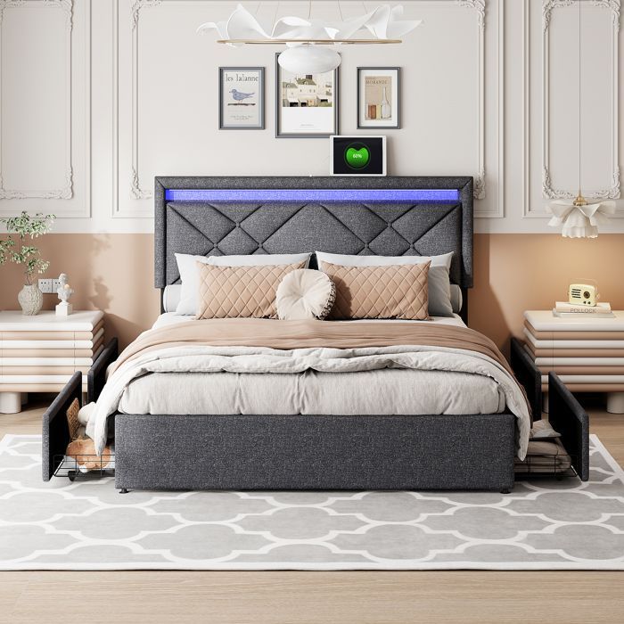 Lit double 160x200 cm avec 4 tiroirs, Lit rembourré tête de lit avec LED et chargement USB, Lin Style scandinave - Gris foncé