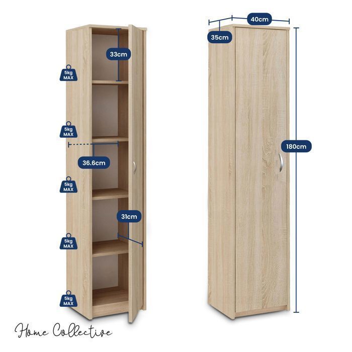 Armario de almacenamiento de 1 puerta - 40x35x180 cm - Armario de oficina/dormitorio de 4 estantes - Mueble de almacenamiento multiusos - Sonoma