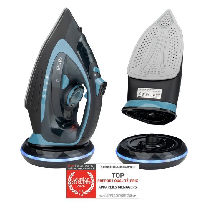 Fer vapeur sans fil 2200-2400W réservoir d'eau 450 ml Céramique Fer à repasser Noir-bleu