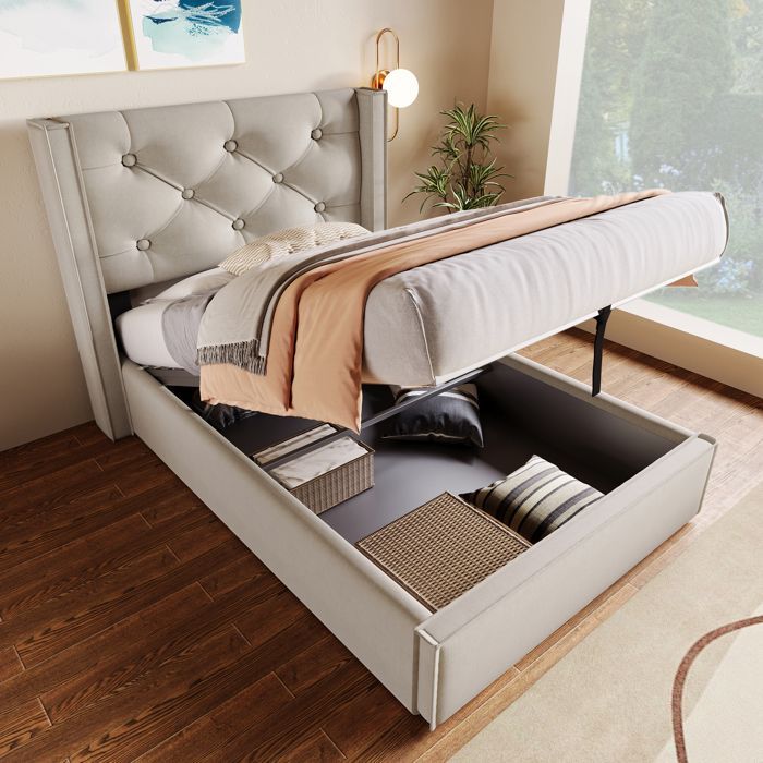 Cama LINKHOO, Cama com estrutura metálica e estrado de ripas, Estrutura de cama moderna com espaço de armazenamento, 90x200 cm, cinza claro