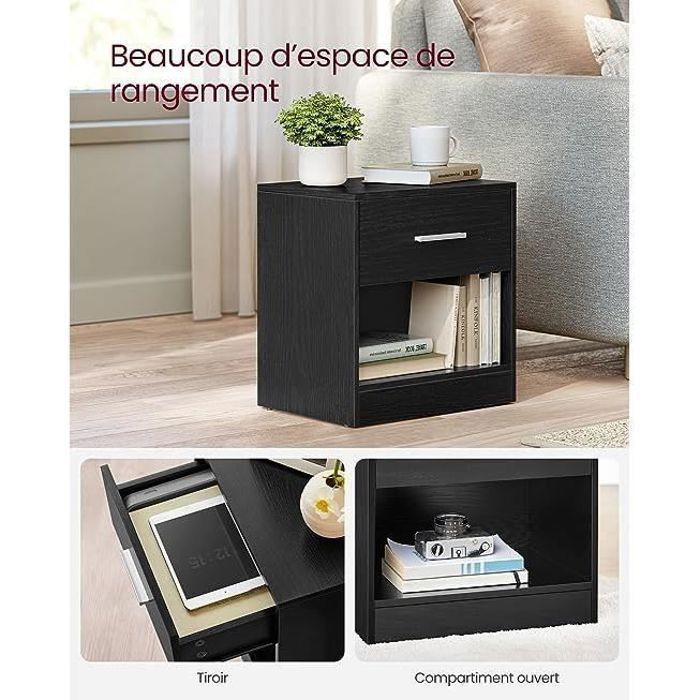 Set di 2 comodini con cassetto e scomparto a giorno, neri