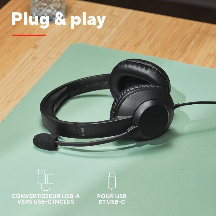 Auriculares USB para PC Trust Roha II Max - Micrófono con cancelación de ruido - Sonido estéreo nítido - Mayor comodidad - Uso profesional