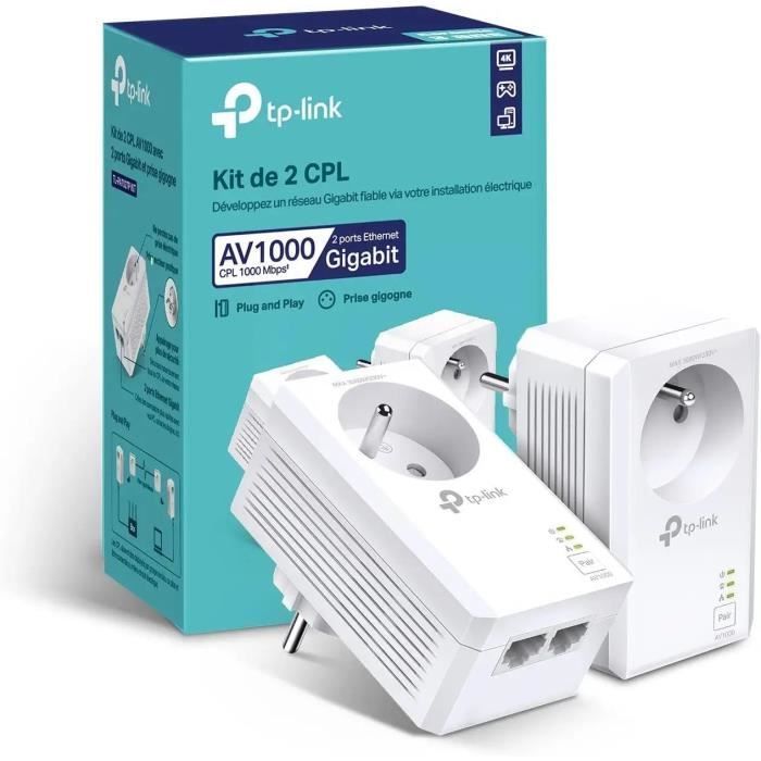 CPL 1000 Mbps - TP-Link TL-PA7027P KIT(FR) - Prise CPL avec 2 Ports Ethernet Gigabit et Prise Intégrée - Boitier CPL Kit de 2