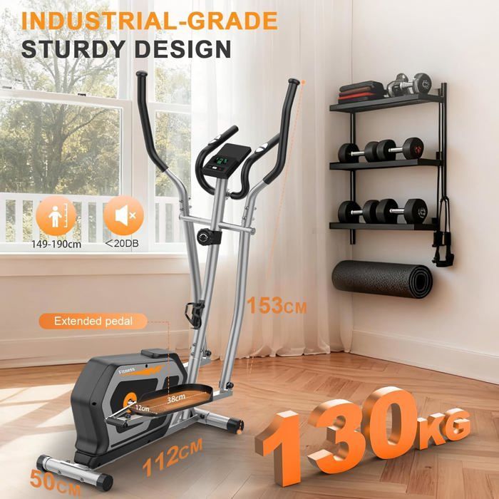Elíptica silenciosa 3 en 1, 16 niveles de resistencia, peso máximo 130 kg, pantalla LCD, compatible con aplicaciones, ideal para entrenamiento cardiovascular en casa, color plata/naranja.
