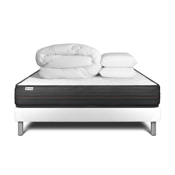 Komplettes Bettset – Matratze (180 x 200 cm) + Lattenrost (Montage erforderlich) + 2 Kissen + Bettdecke – Vitalpower Weiß