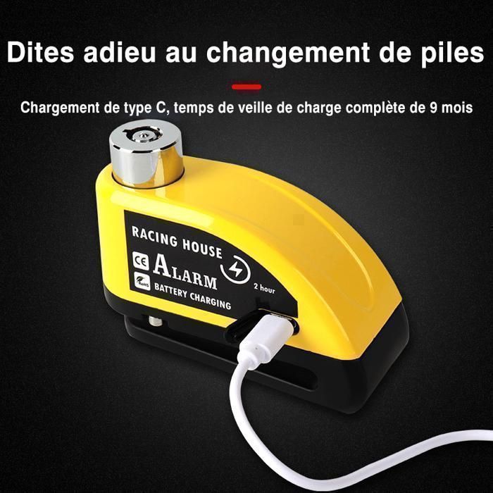 Motorcycle Anti-Theft - Alarmed Motorcycle Disc Lock - USB Rechargeable - 110 dB - High-Security Disc Lock - With 1.2m Cable Reminder