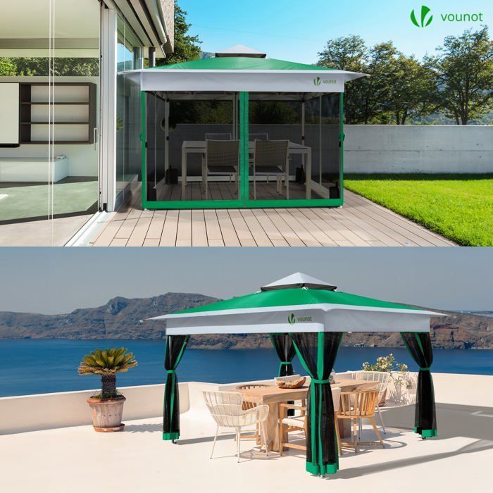 Cenador de jardín plegable VOUNOT® de 3,6 x 3,6 m con mosquitera, color verde.