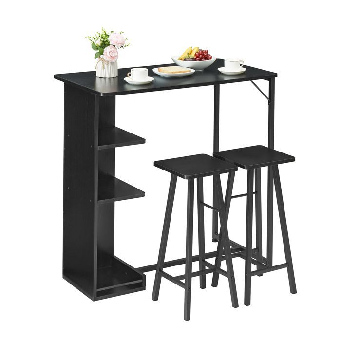 Juego de mesa de bar y 2 sillas - Juego de 1 mesa + 2 taburetes altos de bar - Sillas altas para mesa de bar de cocina, color negro
