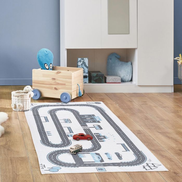 Kinderteppich 140x70 cm Baumwolle VROOM Schaltkreismuster grau