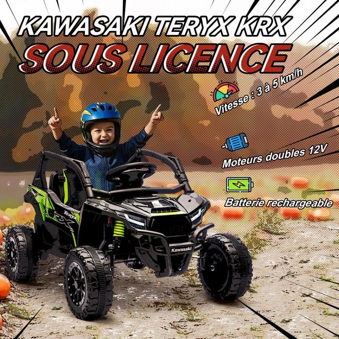 Voiture électrique enfant UTV - AIYAPLAY - KAWASAKI TERYX KRX 1000, 12 V 2 moteurs 25 W, télécommande 2,4 Ghz - 100x64x56cm - noir
