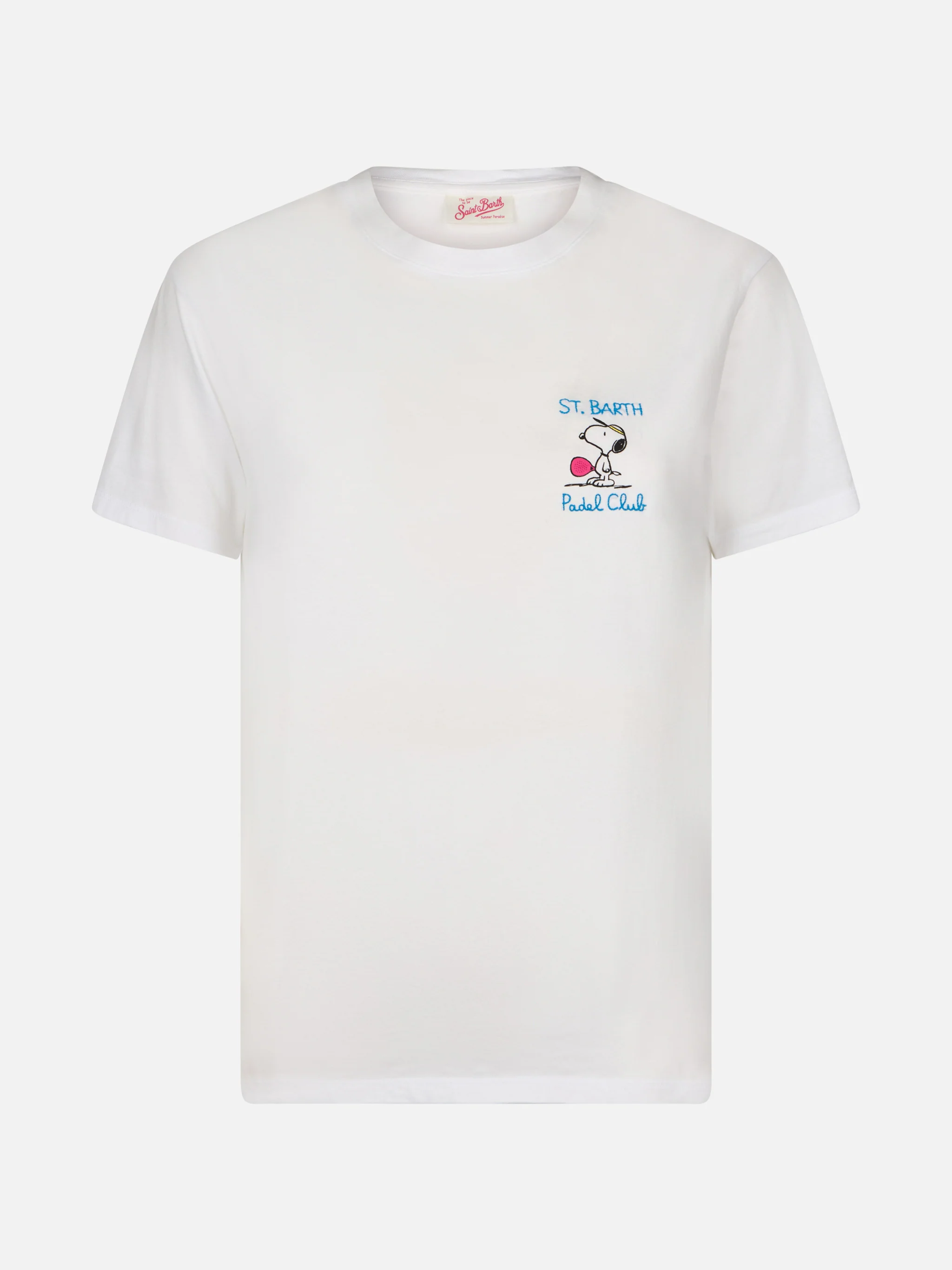 Emilie dames T-shirt met ronde hals, roze katoenen jersey en borduurwerk.