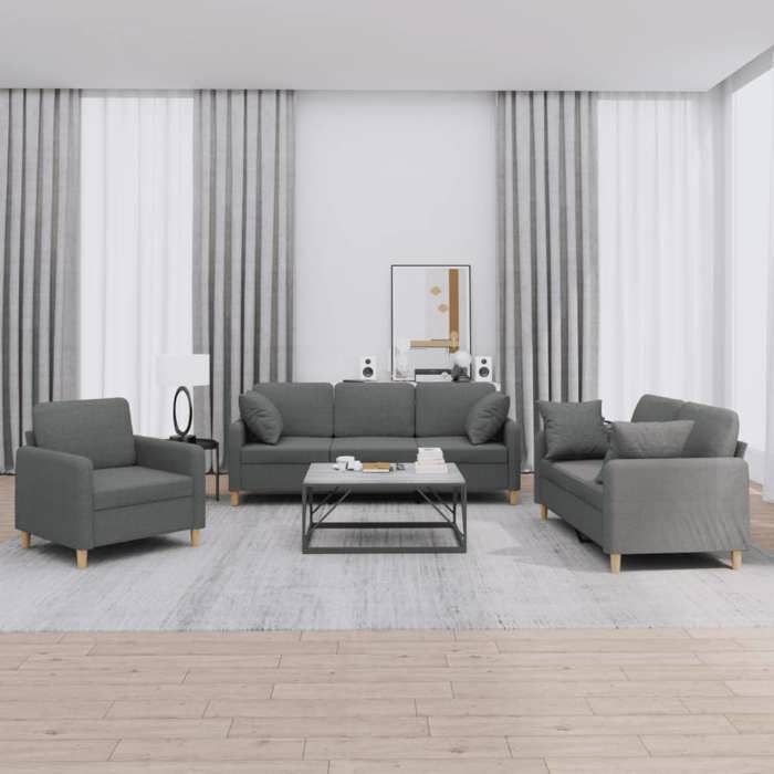 Juego de sofás de 3 piezas vidaXL con cojines, tela gris oscuro 3202071