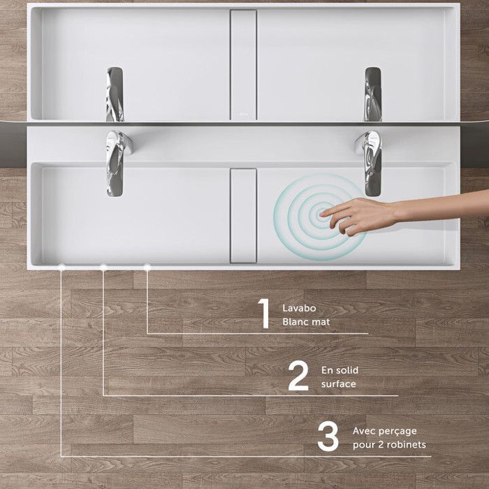 Lavabo de encimera blanco mate doporro, lavabo de baño mural con orificios pretaladrados para 2 grifos, 120x40x14cm, Colossum6028