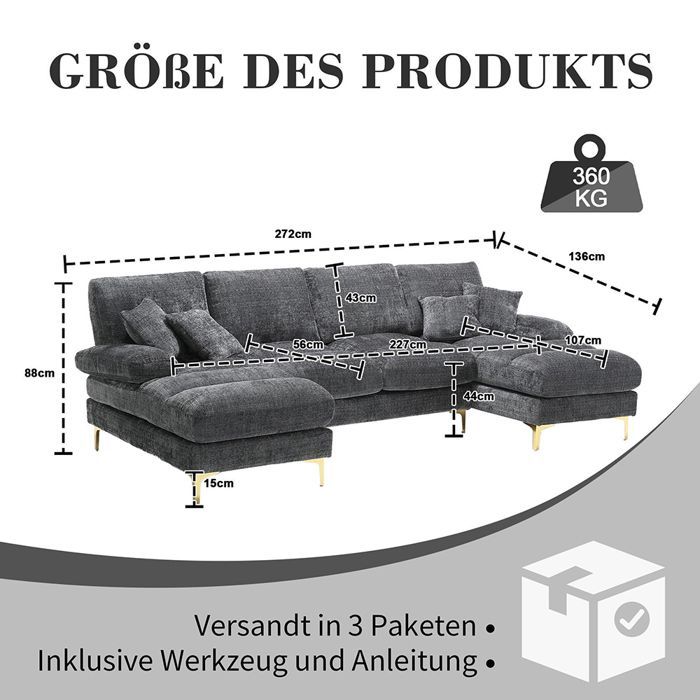 Canapé en U 4 places moderne en chenille avec deux sièges Gris