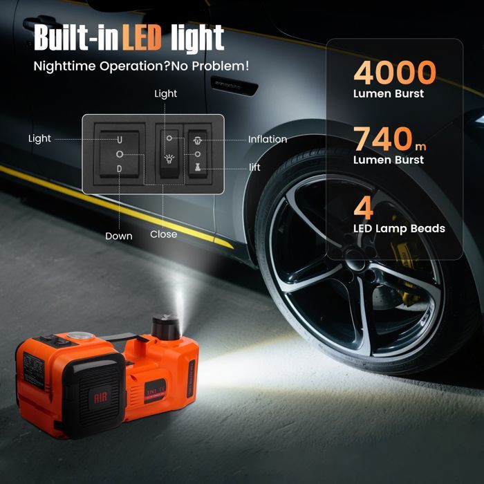 Macaco hidráulico elétrico 5T, kit de elevação 12V 180W com bomba de ar e luz LED, macaco de 150-450mm para carros e SUVs