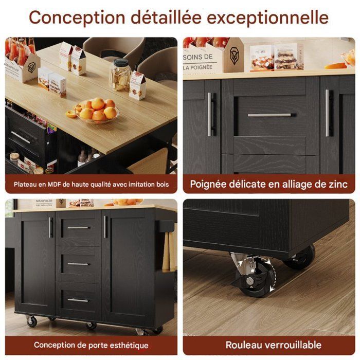 Desserte de cuisine - LANGTU - Îlot mobile à côtés rabattables - 135x46x86,6 cm - 5 roulettes verrouillables - 3 tiroirs