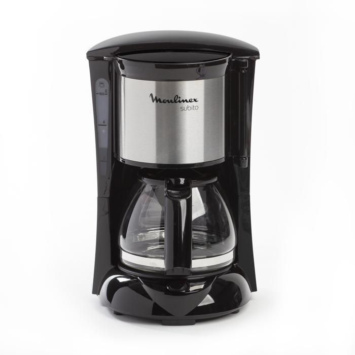 Die Moulinex Subito Mini Filterkaffeemaschine aus schwarzem Edelstahl hält den Kaffee 30 Minuten lang warm und schaltet sich automatisch ab.