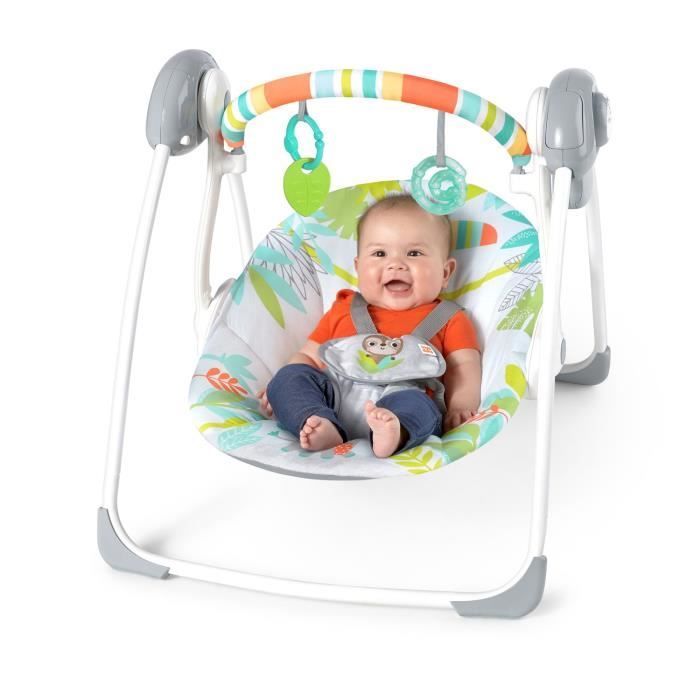 Balanço elétrico dobrável BRIGHT STARS para bebês com design de tucano, arco de brinquedos removível, configurações de balanço e temporizador.
