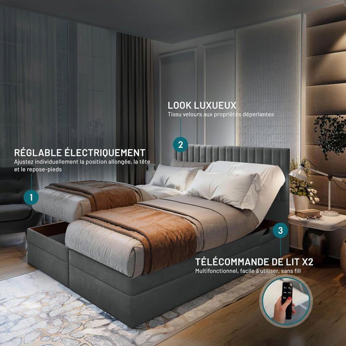 Cama para adultos ADÈLE - conjunto de colchón y base eléctrica regulable - 160x200 cm - terciopelo gris oscuro