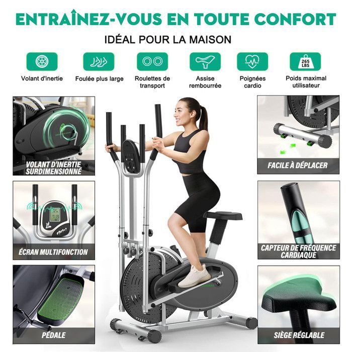 Bicicleta elíptica 2 en 1 para uso doméstico. Resistencia de 180°, peso máximo 120 kg. Pantalla LCD, tamaño compacto ideal para familias y apartamentos, color plata.