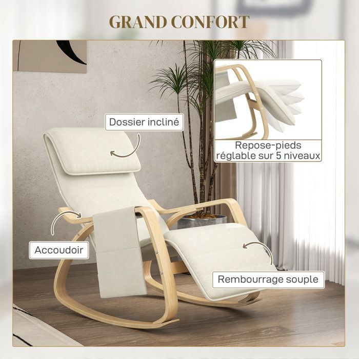 Sillón reclinable mecedor/silla de lactancia con reposapiés ajustable, bolsillo lateral y reposacabezas, color blanco crema.
