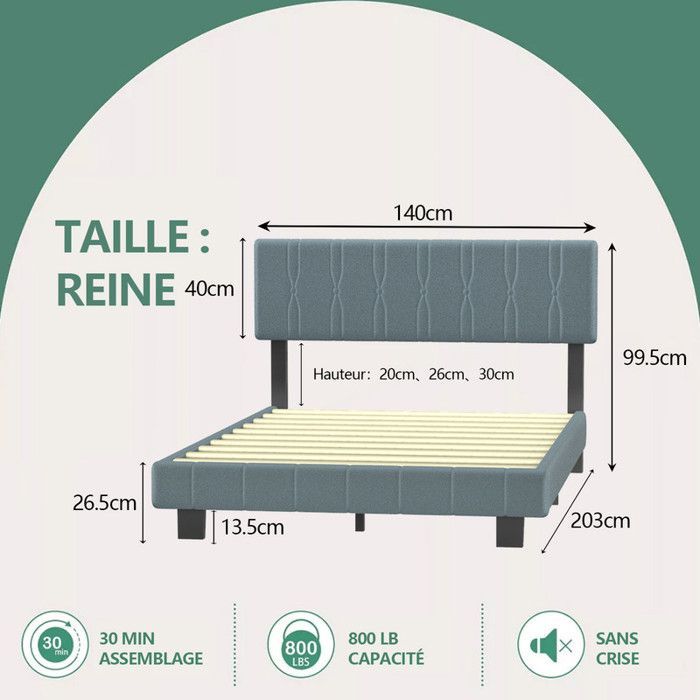 Cama doble tapizada de 140x200cm con somier de láminas, estructura de cama moderna para 2 adultos, cabecero ajustable.