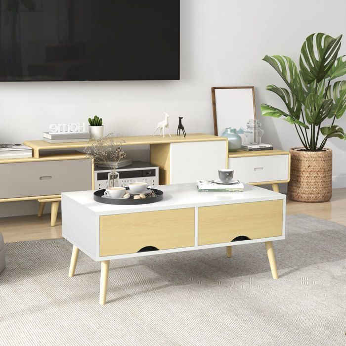Mesa de centro rectangular con 2 cajones y 1 compartimento, 90x48x39 cm, blanco natural.