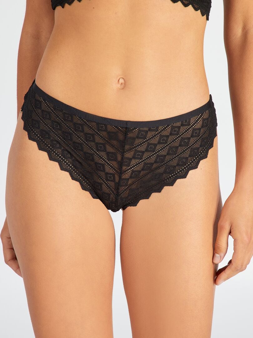 Calcinha fio dental 'Envie de Lingerie' em renda e microfibra - Preta