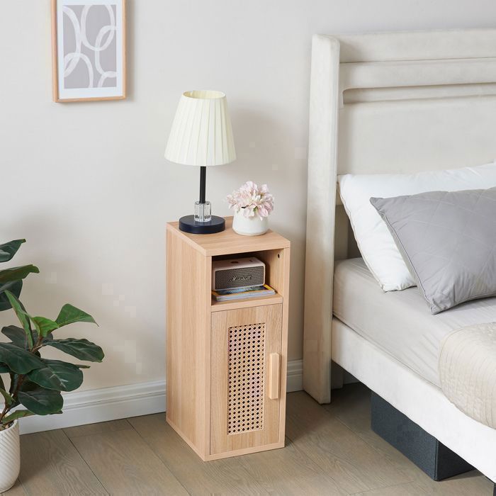 Bedside Table Set of 2, Narrow Nightstands with 1 Open Compartment, Hand-Decorated in Rattan, for Bedroom