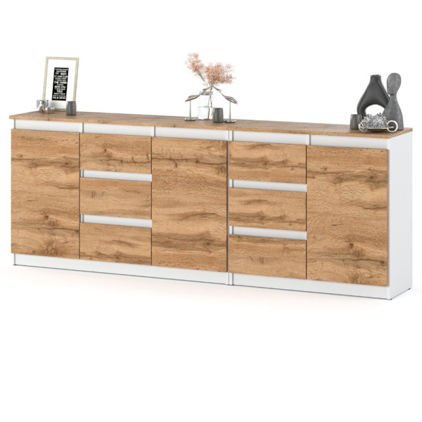 Komoda nowoczesna do salonu 200cm 6 szuflad biała dąb wotan
