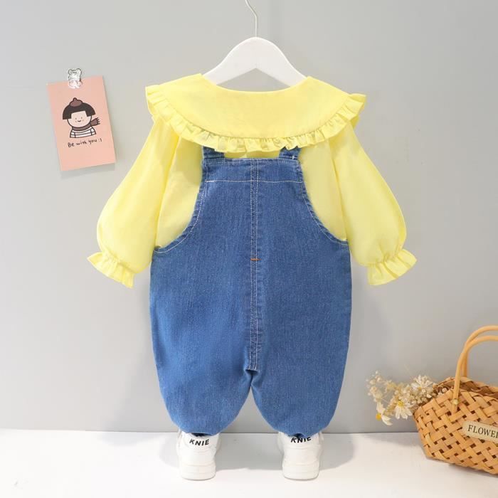 Conjunto de ropa de algodón de 2 piezas para niña, top y pantalón vaquero, bonito y moderno conjunto de primavera/otoño, amarillo
