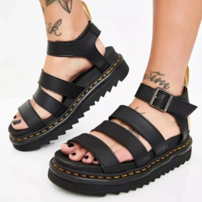 Sandales compensées pour femmes, collection été 2021, grandes tailles (pointure 44), en cuir véritable noir, à bride à boucle et semelle épaisse.