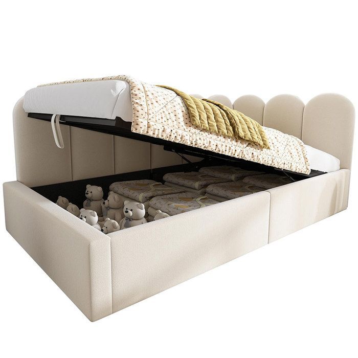 Cama infantil con almacenamiento, 90x190 cm, sofá cama hidráulico, base de láminas de terciopelo beige.