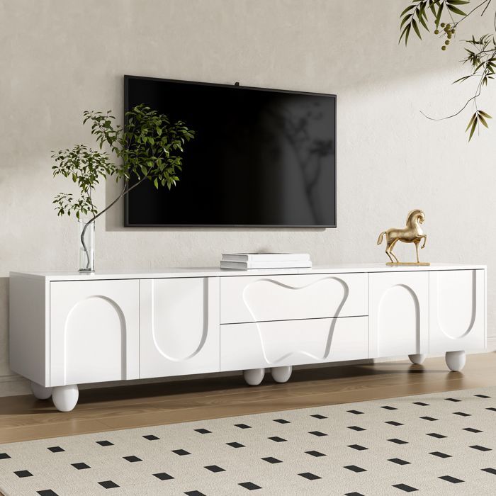 Meuble TV - MODERNLUXE - 180x40x42 cm - 2 tiroirs, 4 portes - Pieds bois massif - Blanc