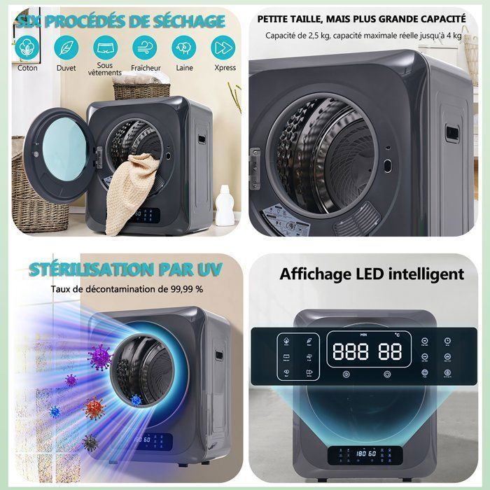 Secadora de roupa de 850 W, capacidade de 3 kg/4 kg, 6 programas, esterilização UV, proteção contra sobreaquecimento, montagem na parede, eficiente em termos energéticos.