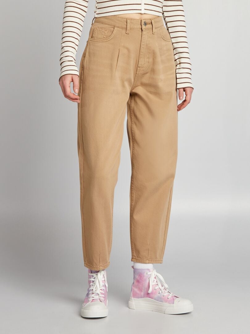 Calça jeans folgada de cintura alta - BEGE