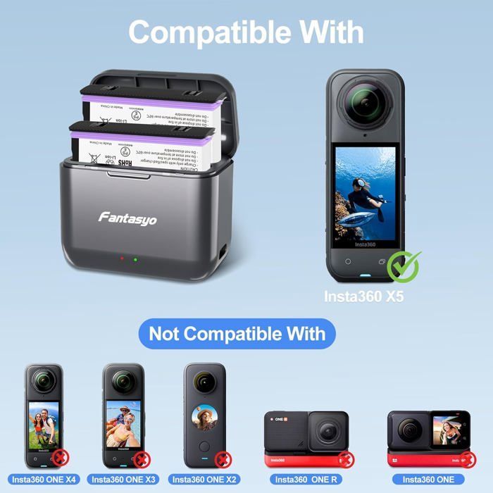 Set van 2 X5 2800mAh accu's + 1 snellaadstation met drie kanalen, alleen compatibel met de Insta360 X5 camera.