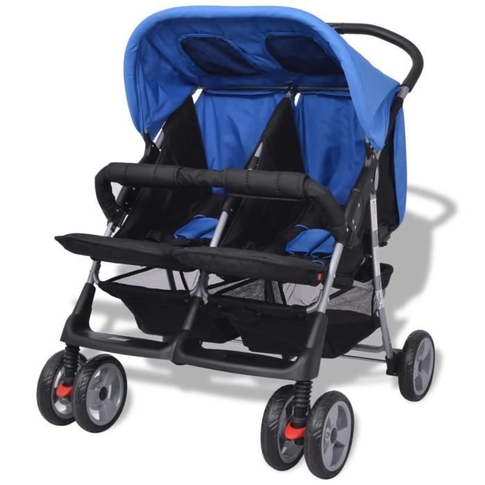 Twin Double Stroller - Two-Seat Stroller, Suitable for 1-2 Children - Steel, Blue and Black