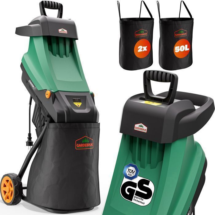 Gardebruk® Broyeur de Jardin végétaux 2400 W déchiqueteur Jardin électrique Sac 2x50L Branches arbuste 45mm déchets verts