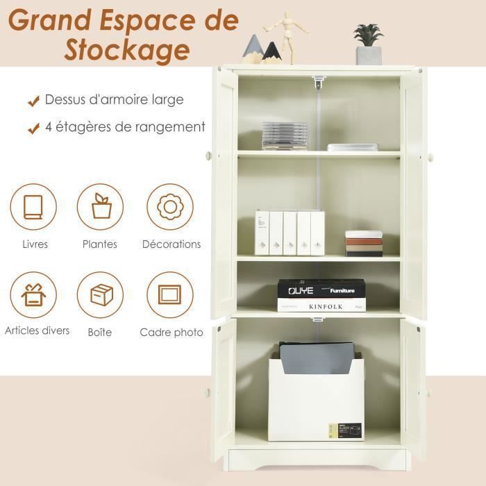 Armario de almacenamiento vintage COSTWAY de MDF con 2 estantes ajustables (5 posiciones) y 2 puertas, dispositivo antivuelco, blanco.