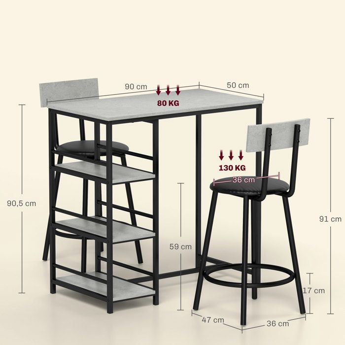Ensemble table de bar avec 2 tabourets - HOMCOM - étagères de rangement - pour salle à manger, cuisine - gris et noir