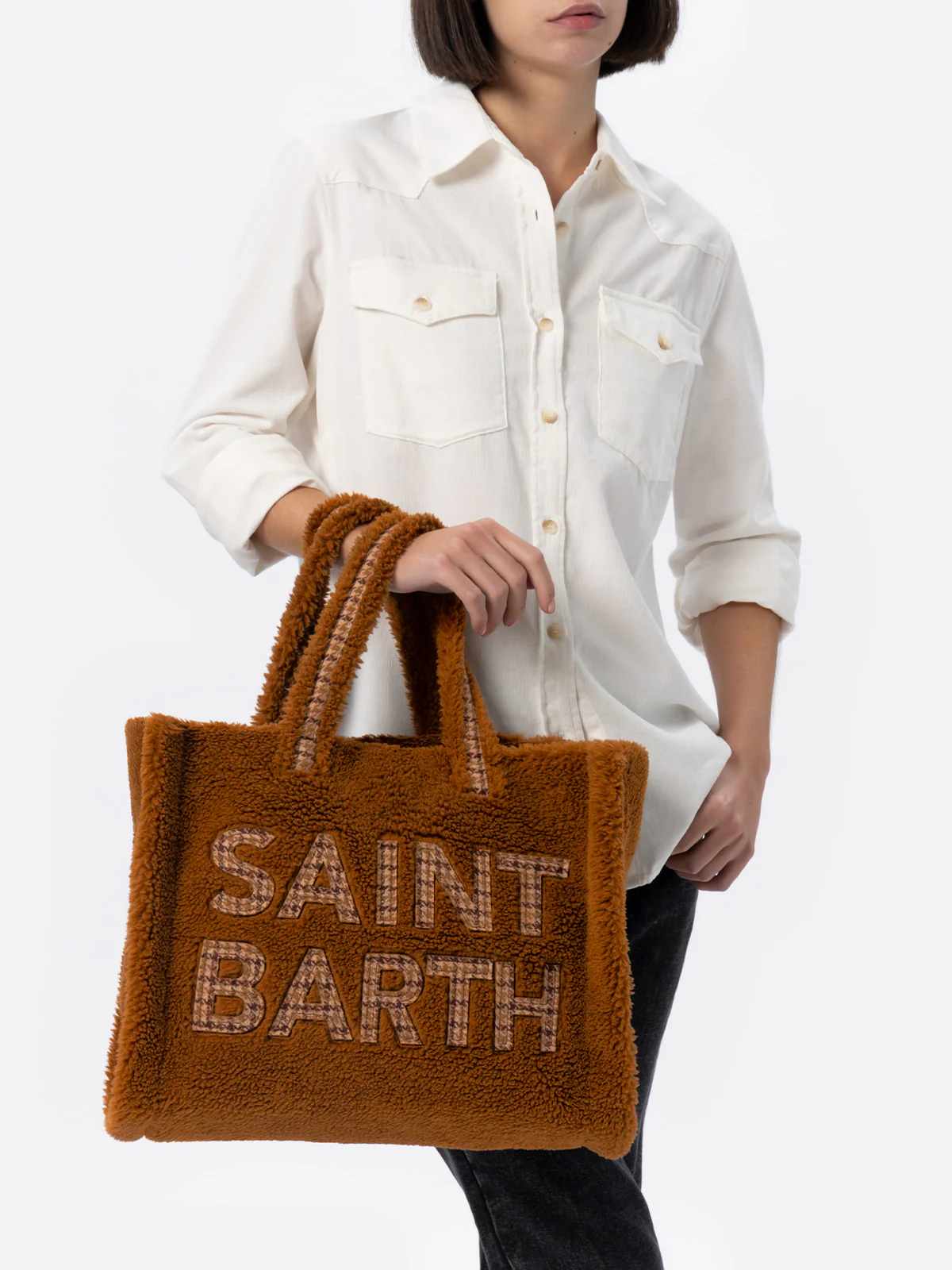 Sac souple marron en peluche avec logo à carreaux Saint Barth
