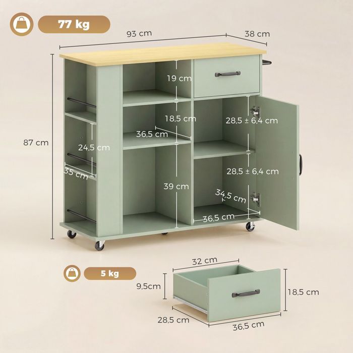 Carrito de cocina - HOMCOM - con ruedas - cajón, puerta, compartimentos abiertos y especiero - madera - 96,5 x 38 x 87 cm - verde