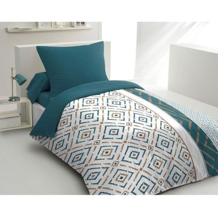 Juego de funda nórdica de microfibra Ethno - 1 funda nórdica de 140x200 cm + 1 funda de almohada de 63x63 cm - Azul pato - HOME LINGE PASSION