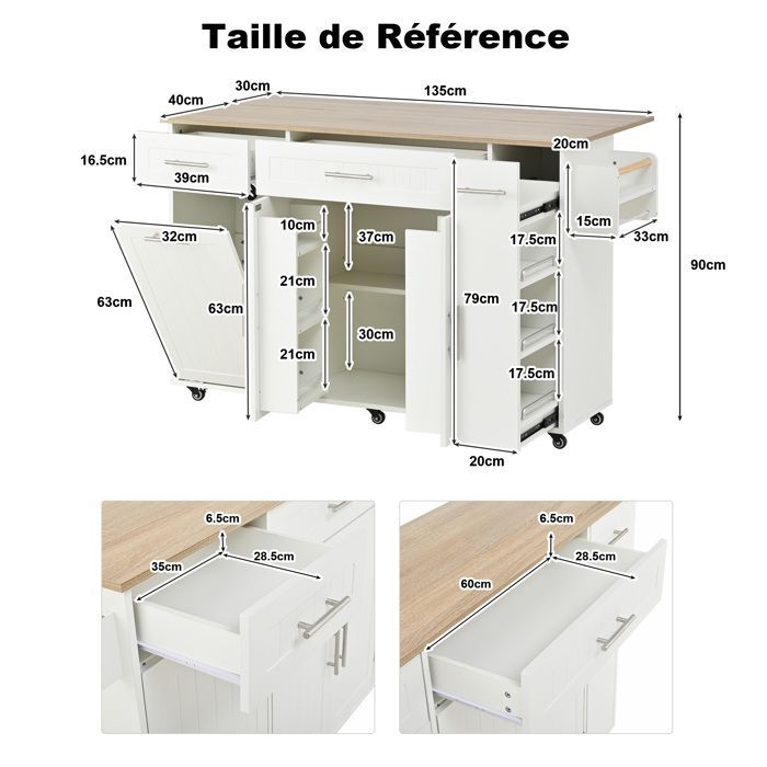 ilot central-CDISPLAY -Meuble Cuisine avec Rangement-135 × 40 × 90 cm-blanc