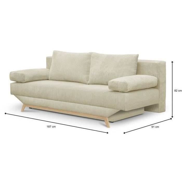 Sofá convertible de 3 plazas - Compartimento de almacenamiento - Tejido de pana beige - Ancho 190 x Alto 92 x Profundidad 84 cm - TEIJO