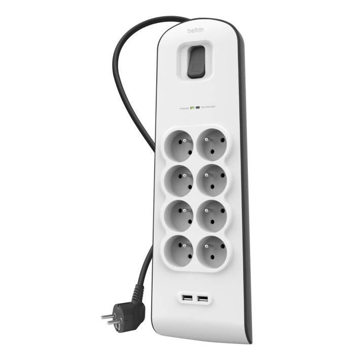 Überspannungsschutz-Steckdosenleiste - BELKIN - 8 Steckdosen + 2 USB-Anschlüsse - 2,4 A - 2 m Kabel - 900 Joule