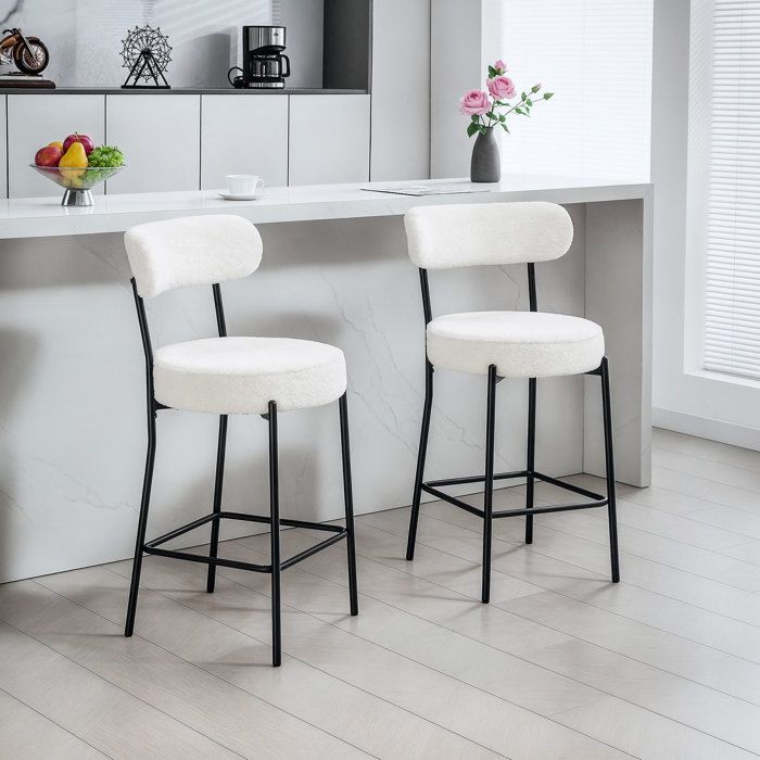 Juego de 2 taburetes de bar - HOMCOM - asiento ancho, respaldo curvo y reposapiés - tejido bouclé - 49x52x95cm - crema