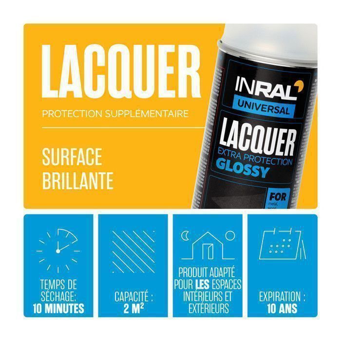 Vernis acrylique transparent brillant INRAL Lacquer – séchage rapide, protection chaleur & rayures – 400 ml