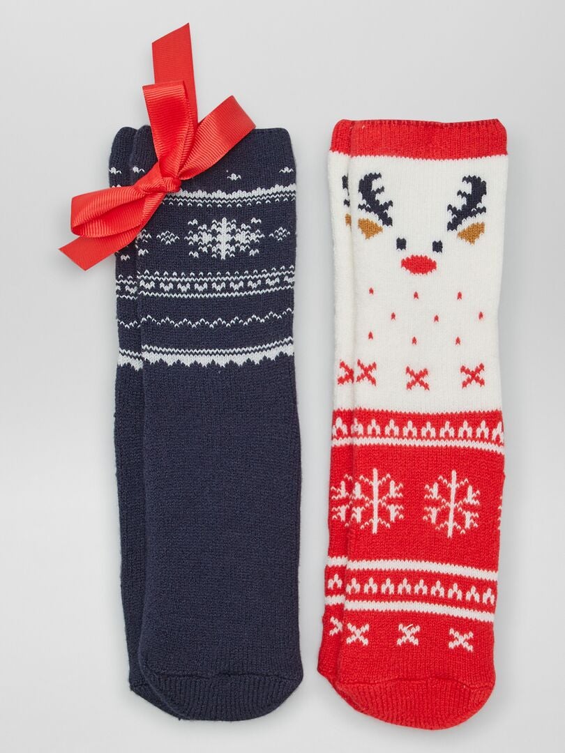 Conjunto de 2 pares de pantuflas navideñas tipo calcetín - ROJO